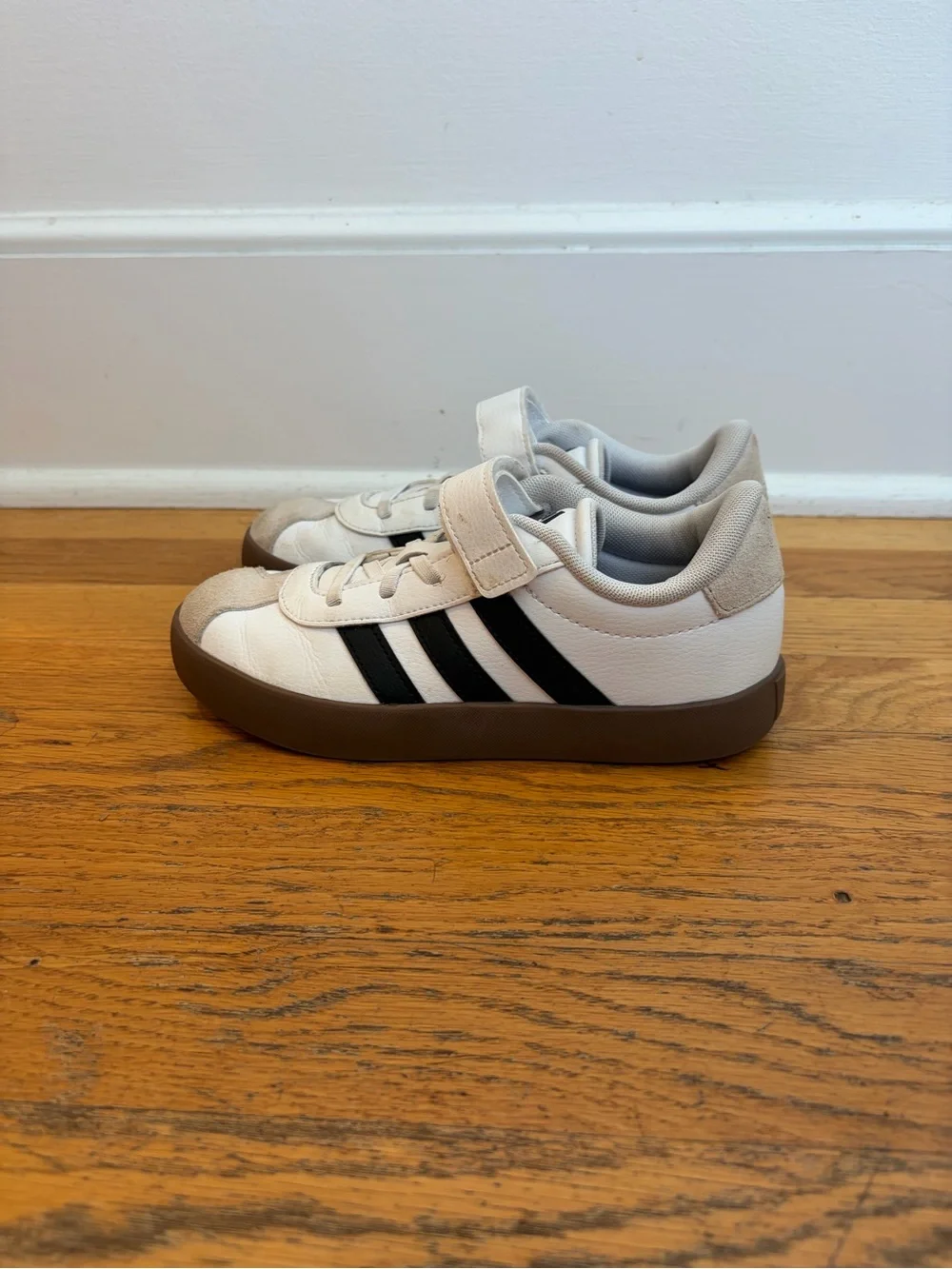 adidas Kids White and Black Stripe Sneakers with Brown Sole. Worn only once.